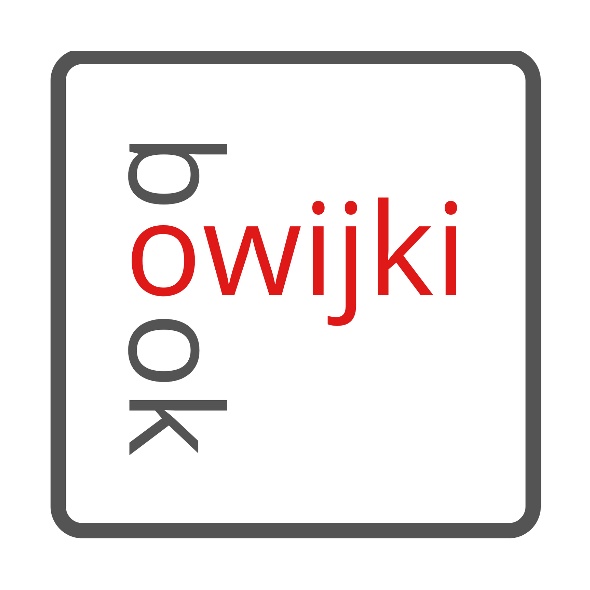 Logo BookOwijki czyli w kwadratowej ramce (kolor czarny), na białym tle wewnątrz niej, umieszczone są prostopadle 2 słowa: book ( czyli książka po angielsku) i owijki (po polsku).